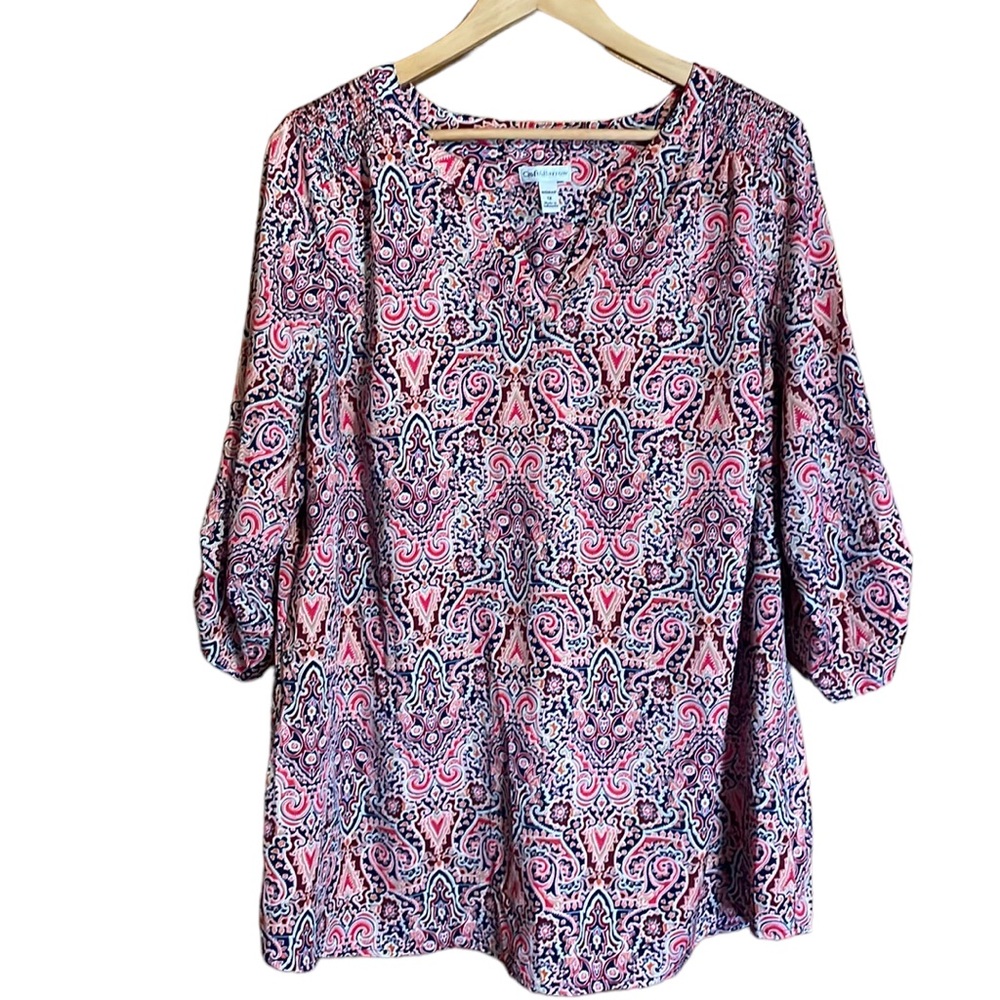 •CROFT & BARROW•NWOT RED/NAVY/WHITE/TAN/ORANGE IKAT V-NECK SLIT BLOUSE SIZE 1X